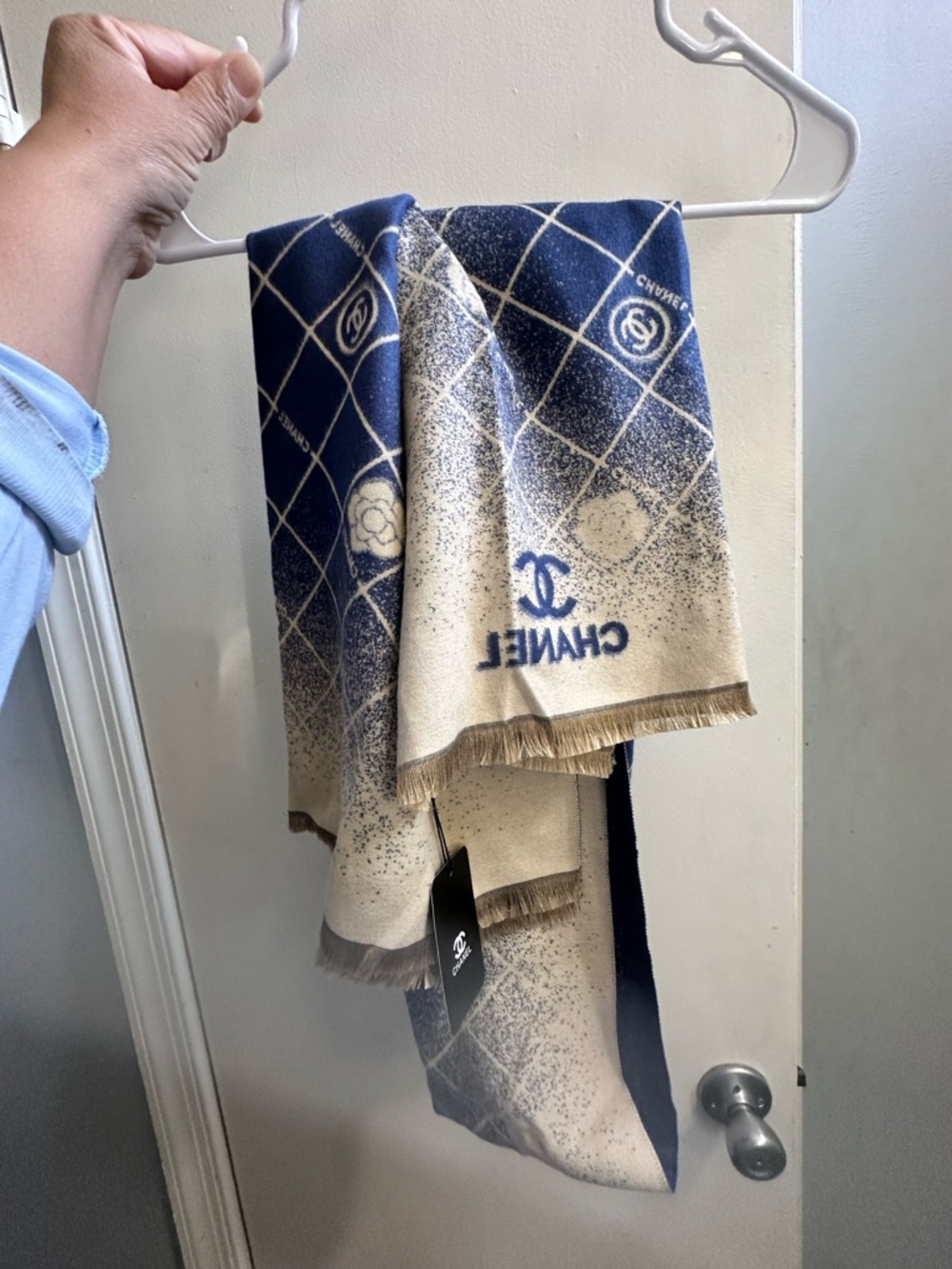 CHANEL Beige and Navy Wool-Acrylic Blend Scarf